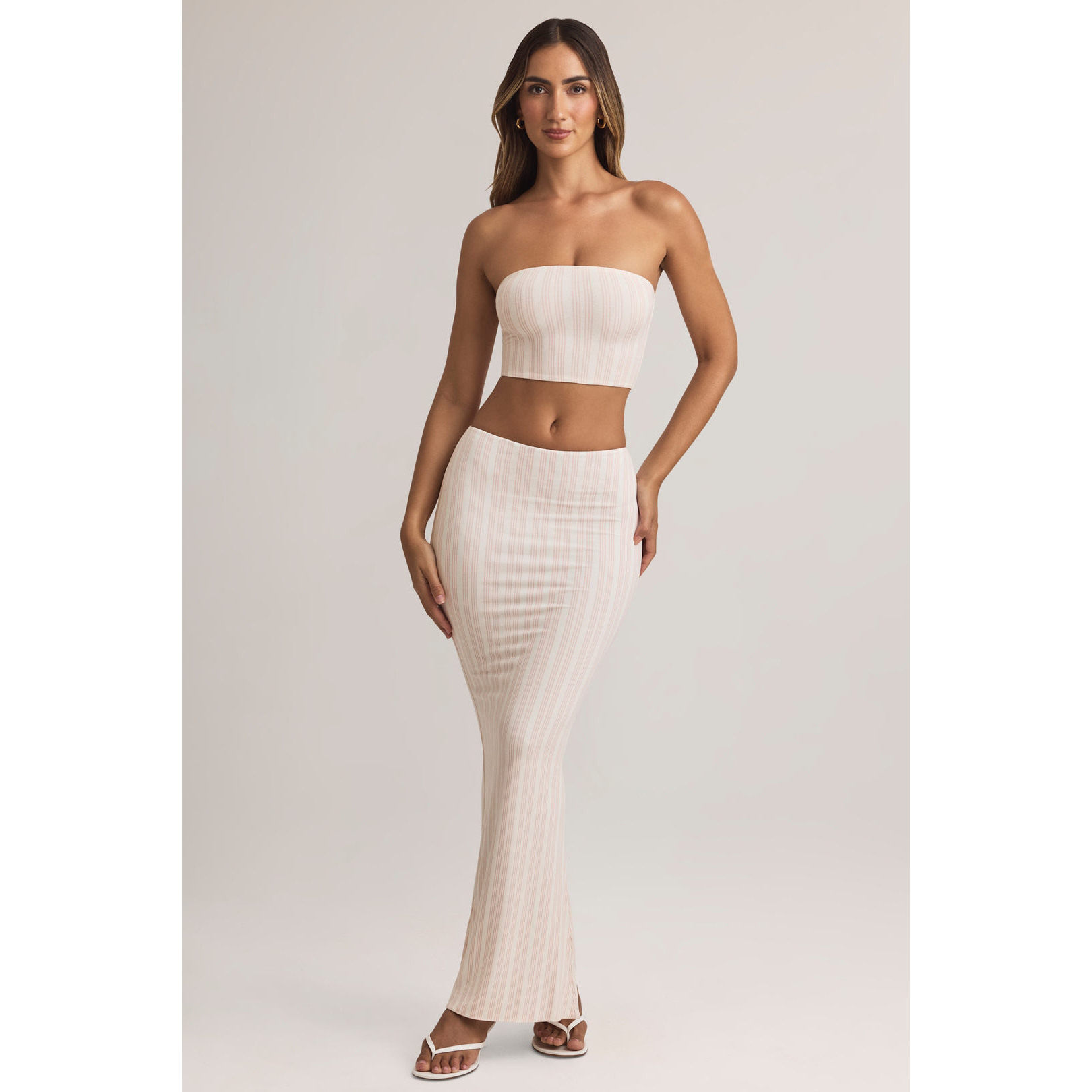 英国代购正品09.10 名品ohpolly 女装新款 条纹开叉长款半身裙