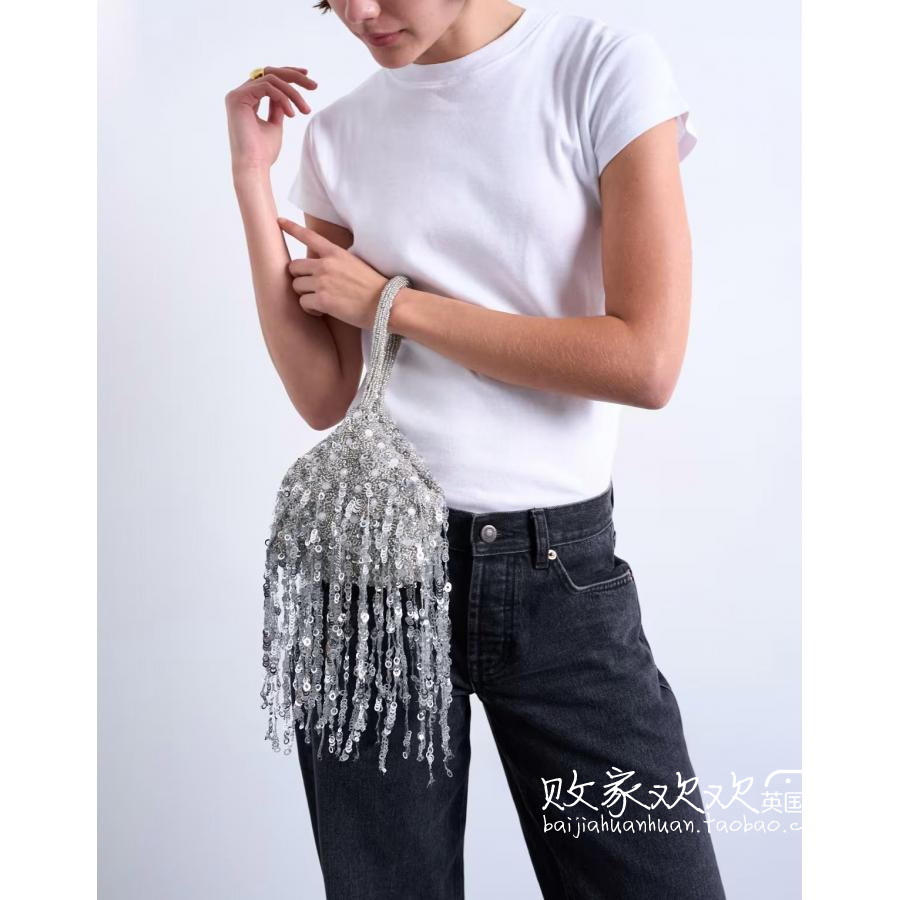 英国代购正品10.20 2025潮流导向 女包新款 银色流苏迷你手提包