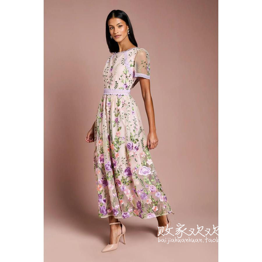 英国代购正品12.13 名品Boohoo 女装新款 高级刺绣花长款连衣裙