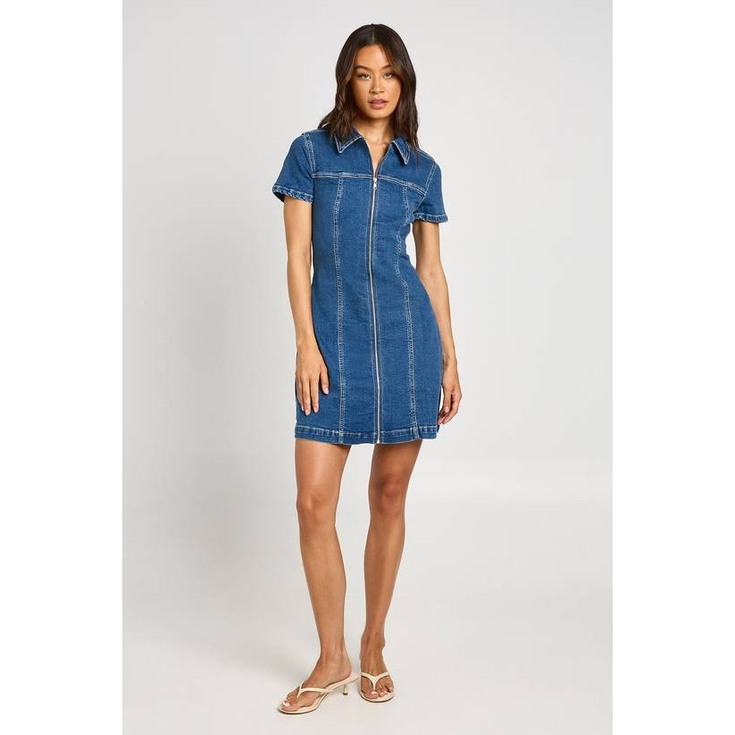 英国代购正品07.29 名品PL 女装新款 翻领拉链牛仔迷笛连衣裙