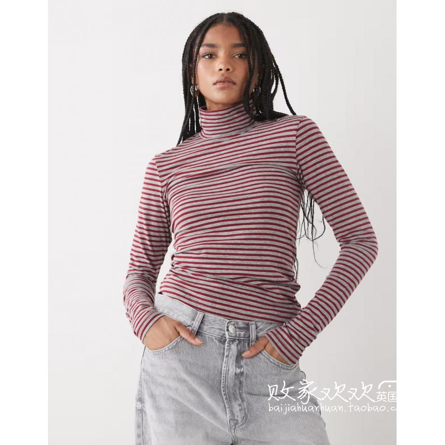 英国代购正品10.08 2025潮流导向 女装新款 小高领横纹长袖打底衫