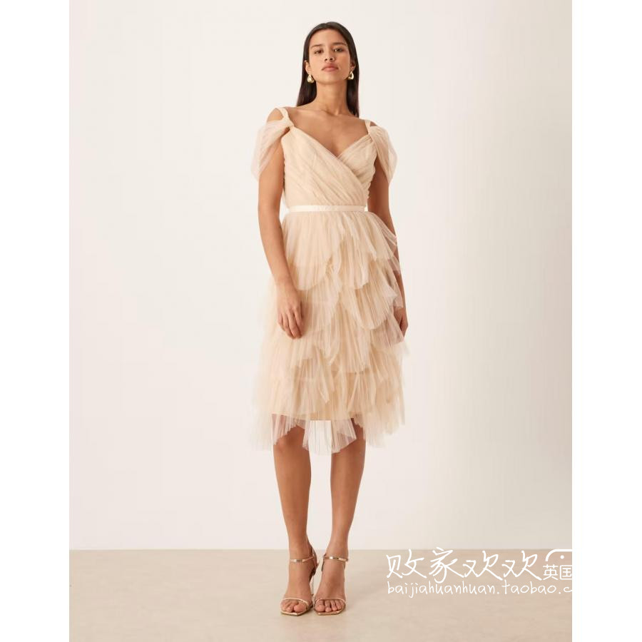 英国代购正品10.08 2025潮流导向 女装新款 设计薄纱中长款连衣裙