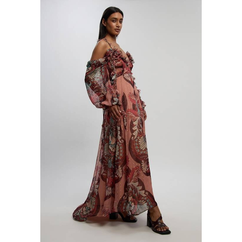 英国代购正品04.20 名品KM 女装新款 时尚露肩印花长袖飘逸连衣裙