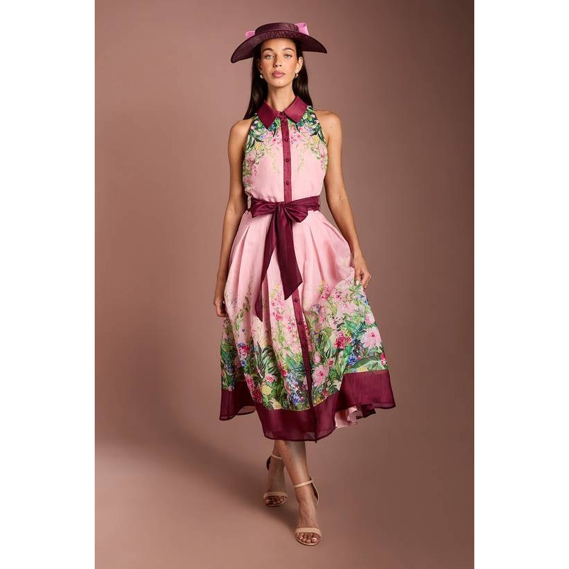 英国代购正品06.21 名品PL 女装新款 翻领印花系腰带长款连衣裙