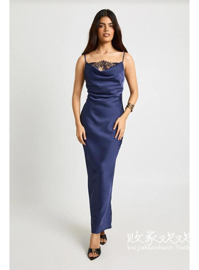 英国代购正品12.12 名品Boohoo 女装新款 吊带蕾丝缎面长款连衣裙