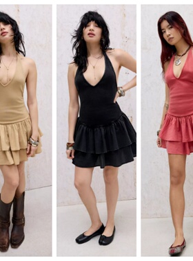 英国代购正品03.20 名品UO 女装新款 挂脖多层裙摆迷人设计连衣裙