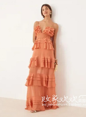 英国代购正品07.08 2025潮流导向 女装新款 吊带荷叶边多层连衣裙