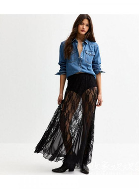 英国代购正品03.24 名品NL 女装新款 深色蕾丝薄纱长款半身裙