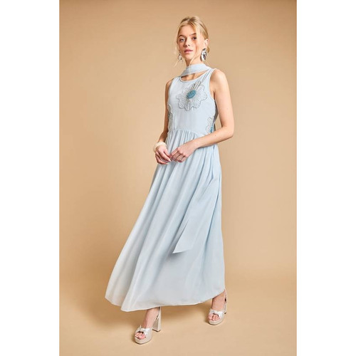 英国代购正品06.14 名品PL 女装新款 时尚刺绣花无袖长款连衣裙