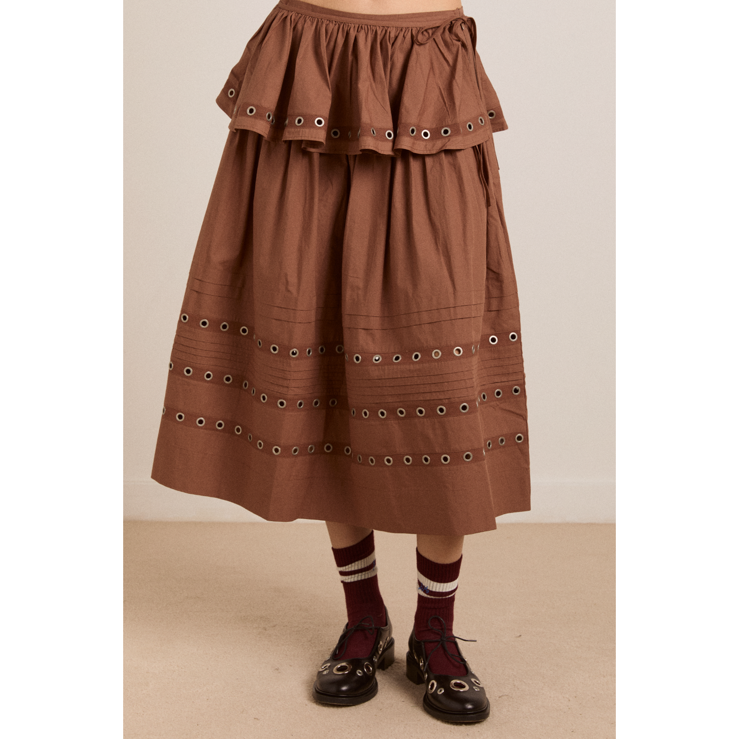 英国代购正品04.23 名品DM 女装新款 潮牌荷叶边腰带孔眼半身裙