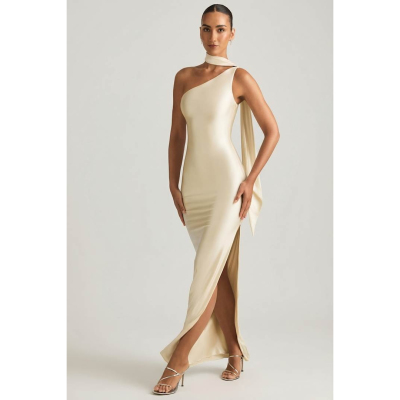 英国代购正品04.27 名品ohpolly 女装新款 单肩缎面开叉连衣长裙