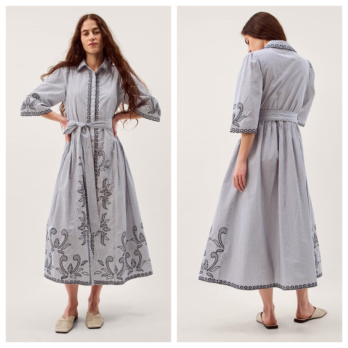 英国代购正品03.23 名品MS女装新款 时尚纯棉刺绣中长衬衫连衣裙