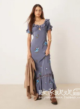 英国代购正品07.04 2025潮流导向 女装新款 刺绣花长款百搭连衣裙