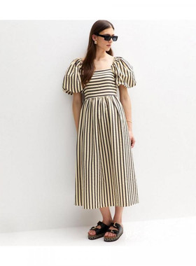 英国代购正品03.24 名品NL 女装新款 泡泡袖条纹长款百搭连衣裙