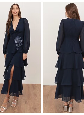 英国代购正品01.12 2026潮流导向 女装新款 设计刺绣花连衣长裙