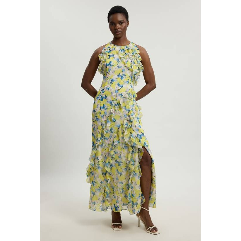 英国代购正品05.29 名品KM 女装新款 木耳边碎花长款百搭连衣裙