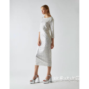英国代购正品12.06 2025潮流导向 女装新款 银色闪亮中长款连衣裙