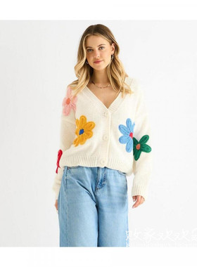 英国代购正品08.16 名品NL 女装新款 时尚彩色花朵浅色针织开衫