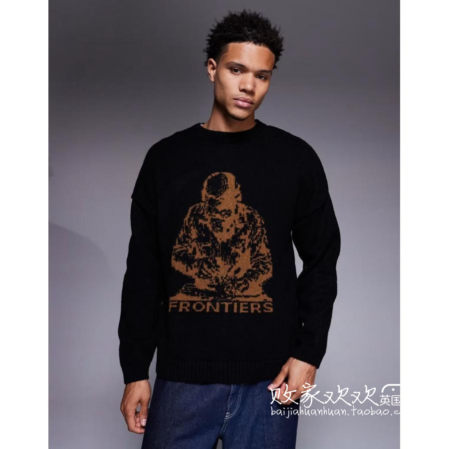 英国代购正品10.28 2025潮流导向 男装新款 休闲图案深色长袖毛衣