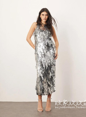 英国代购正品03.04 2025潮流导向 女装新款 银色流苏长款连衣裙