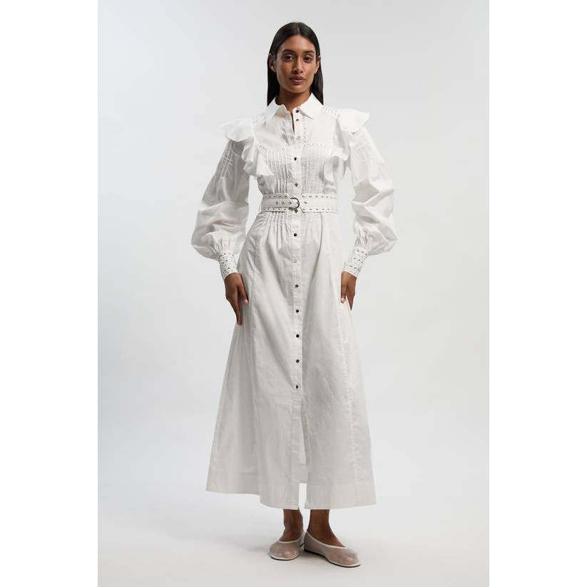 英国代购正品05.12 名品KM 女装新款 时尚翻领荷叶边长款连衣裙