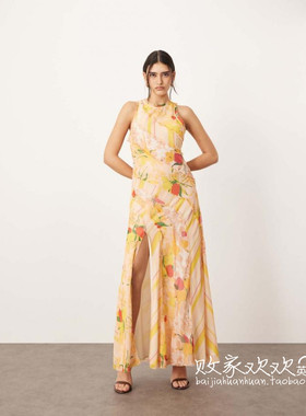 英国代购正品03.04 2025潮流导向 女装新款 印花开叉长款连衣裙