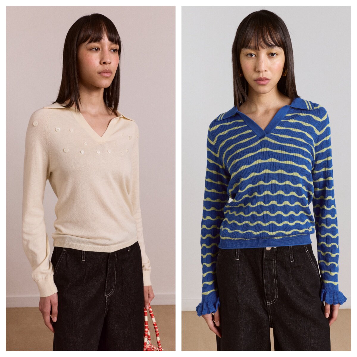 英国代购正品04.23 名品DM 女装新款 翻领横纹长袖设计打底衫T恤
