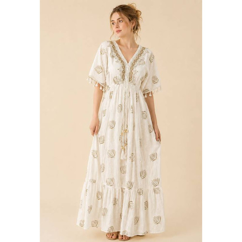 英国代购正品09.20 名品PL 女装新款 度假风流苏袖长款连衣裙