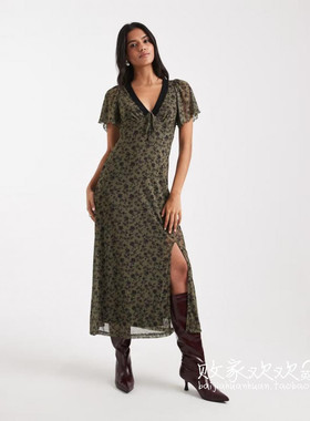 英国代购正品09.20 2025潮流导向 女装新款 时尚碎花开叉连衣长裙