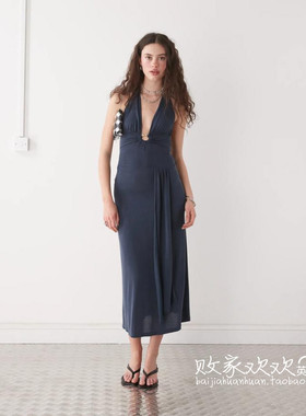 英国代购正品04.05 2025潮流导向 女装新款 挂脖深色长款连衣裙