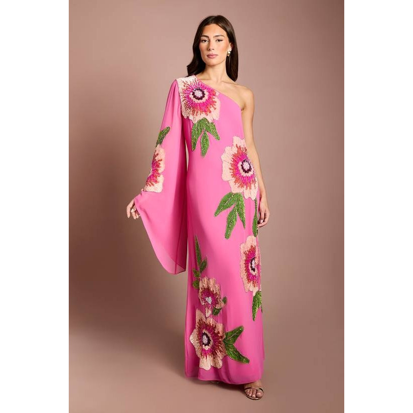 英国代购正品07.25 名品DP 女装新款 单肩刺绣花礼服长款连衣裙