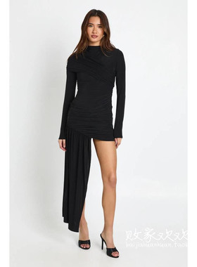 英国代购正品12.12 名品Boohoo 女装新款 设计飘带深色迷笛连衣裙