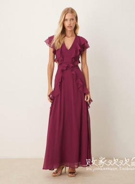 英国代购正品08.01 2025潮流导向 女装新款 荷叶边长款百搭连衣裙