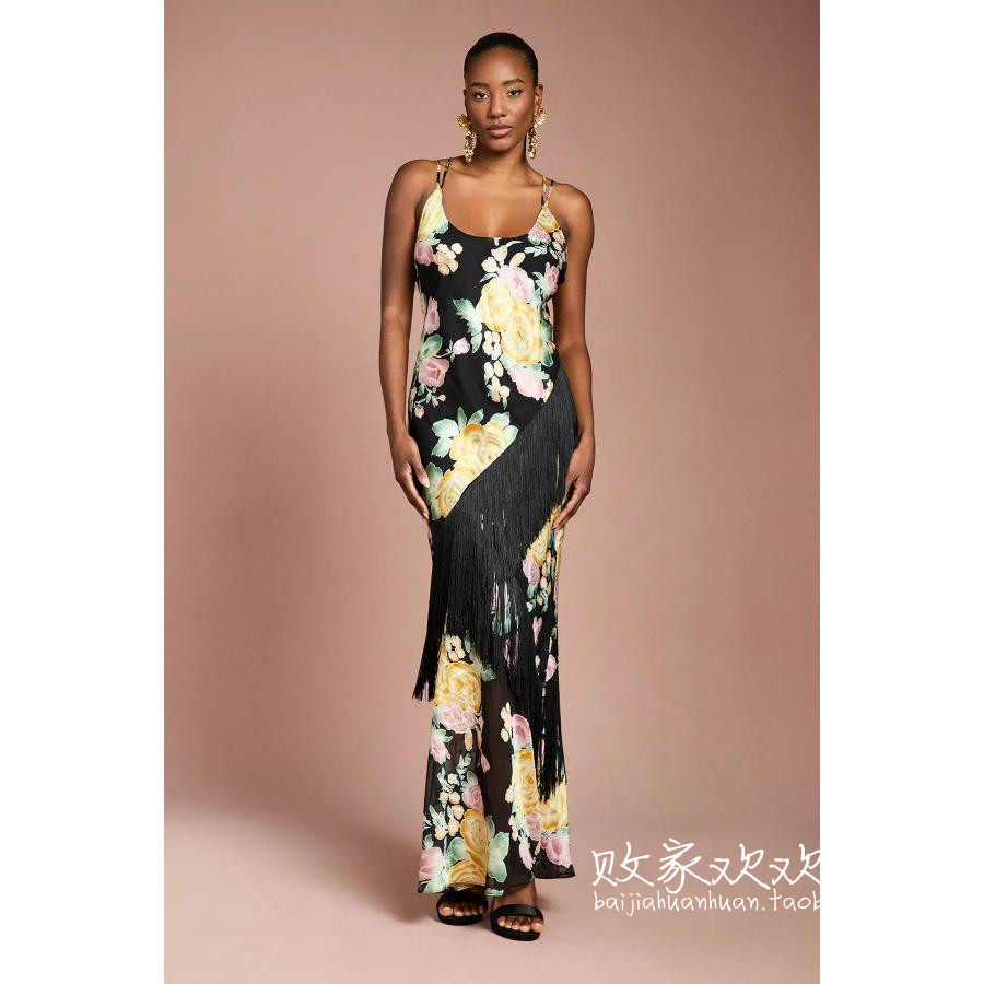 英国代购正品12.12 名品Boohoo 女装新款 设计印花流苏长款连衣裙