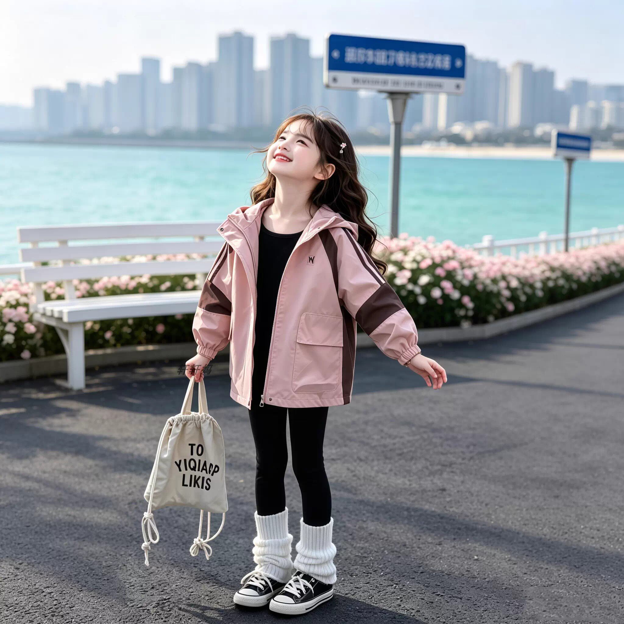 女童韩版冲锋衣外套2026新款春秋季中大儿童洋气连帽宽松夹克上衣