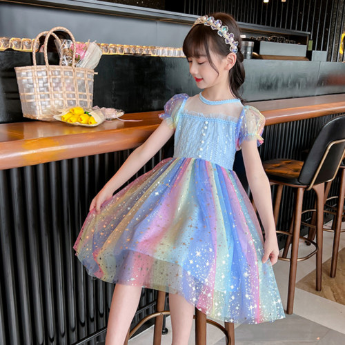 女童连衣裙夏款2025新款儿童彩虹星空纱裙公主裙女孩夏季裙子夏装