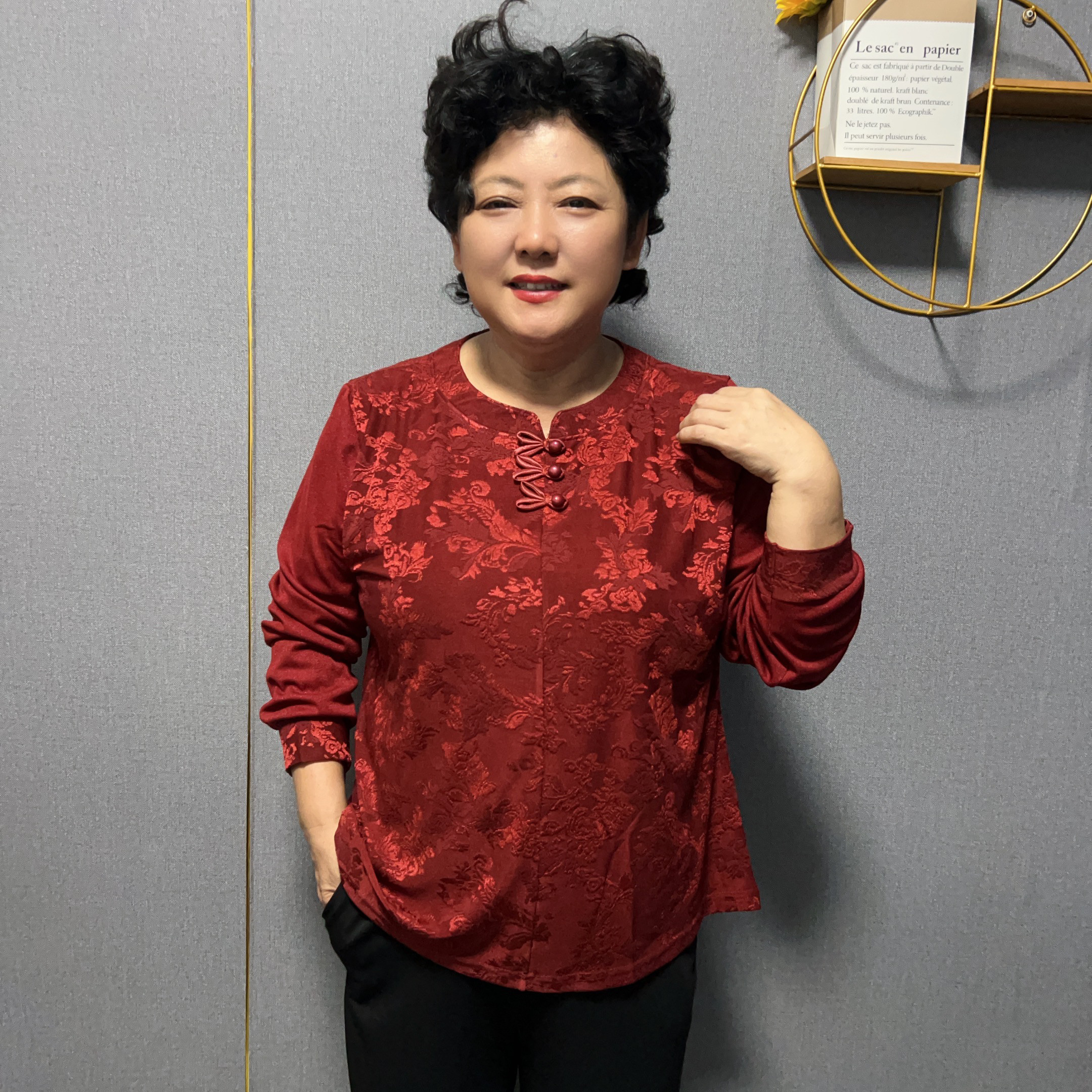 国风中老年女装胖妈妈装暗纹提花长袖上衣显瘦遮肚大码弹力T恤秋