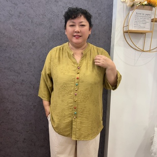 T恤透气洋气妈妈装 加大码 短袖 时尚 宽松棉麻套头上衣七彩扣女夏季