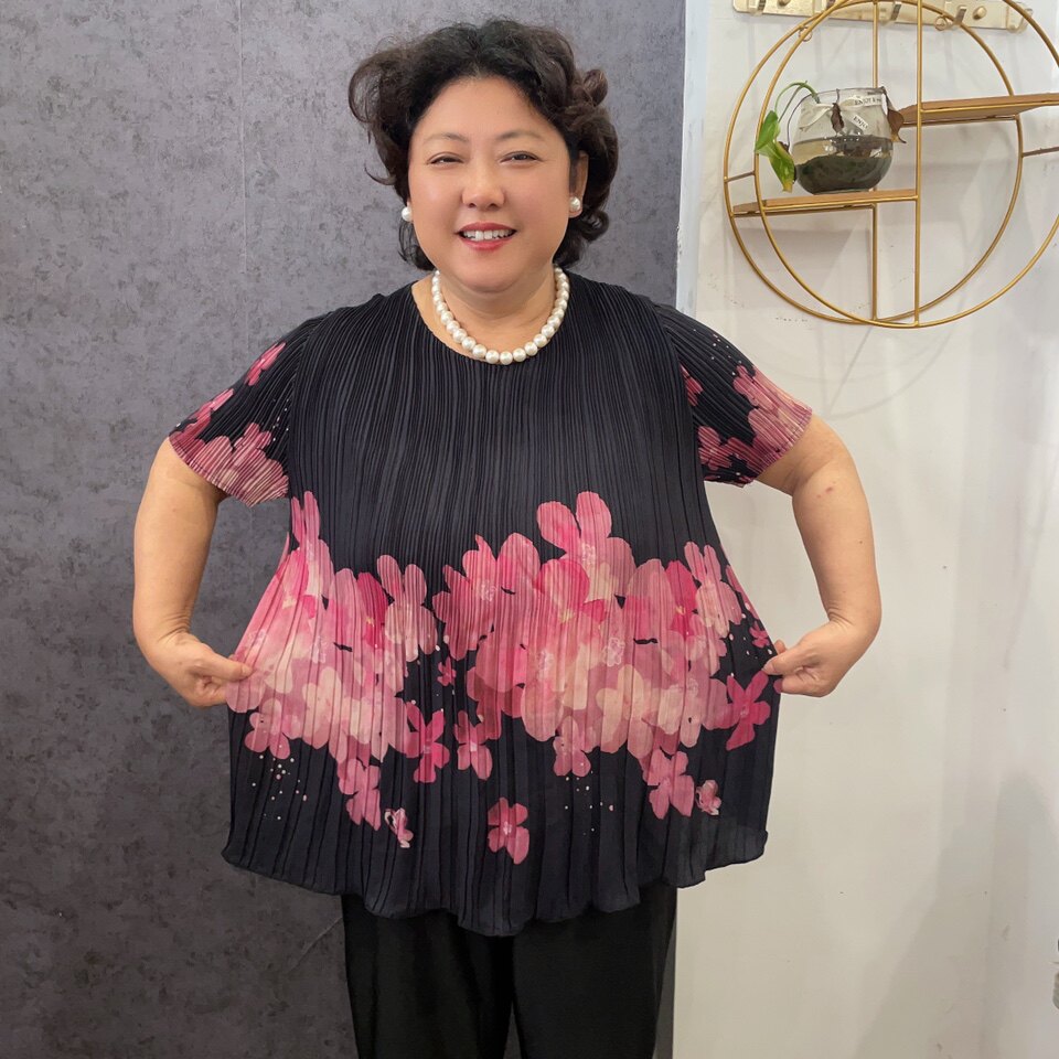胖瘦皆可穿时尚褶皱魔术上衣女弹力套头印花短袖修身妈妈夏装洋气