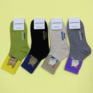 韩国制造拼色卡通小猫可爱女士中筒棉袜秋冬新款 百搭 透气吸汗时尚