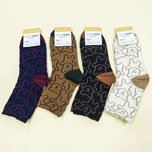 韩国东大门kikiya涂鸦小熊浮雕拼色袜跟甜美女士中筒棉袜秋季 新款