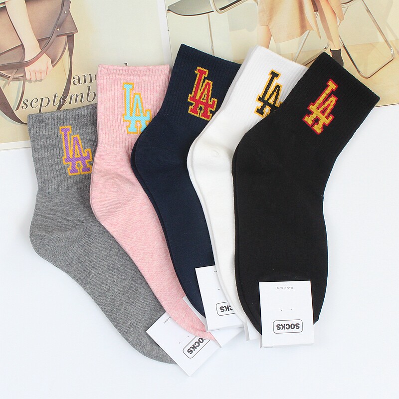 韩国制造socks东大门新款潮牌情侣款LA字母男女中筒滑板街头原宿
