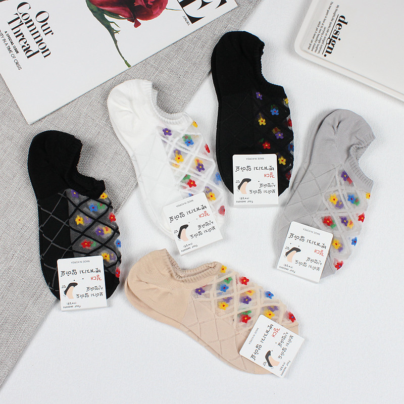 韩国进口袜子女船袜glalalane新款东大门脚背水晶丝小花硅胶浅口