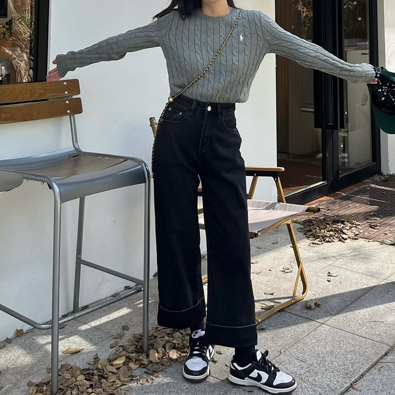 黑色直筒牛仔裤女款新款胖大码宽松裤子梨形身材九分阔腿裤