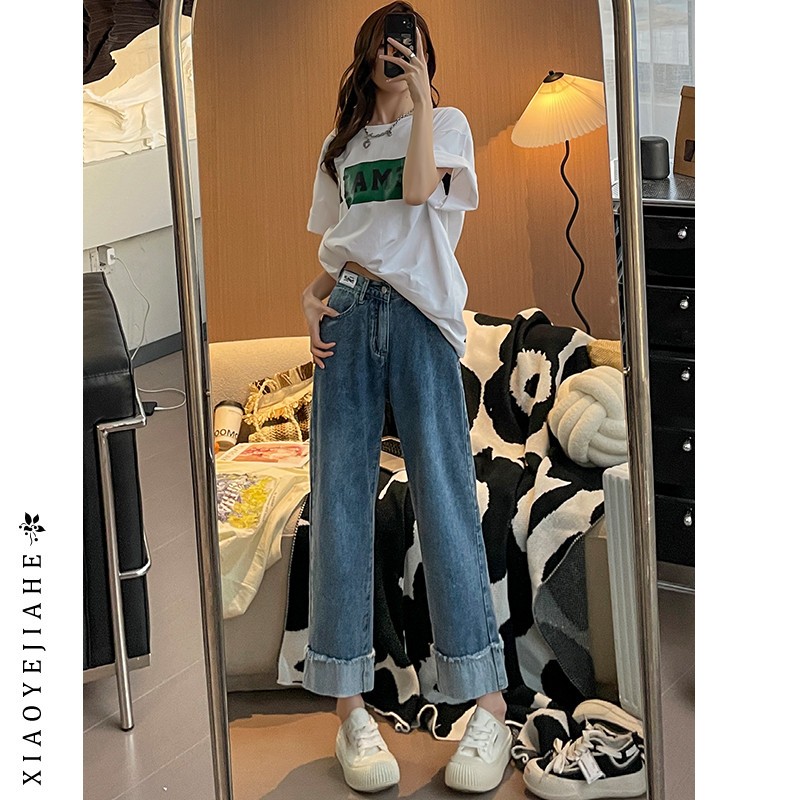 直筒牛仔裤女春季女款年秋装卷边松紧腰烟管裤八分九分小个子