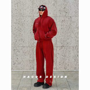 休闲运动连帽卫衣直筒宽松裤 HACOS秋冬新款 boxy短宽拉链加绒套装