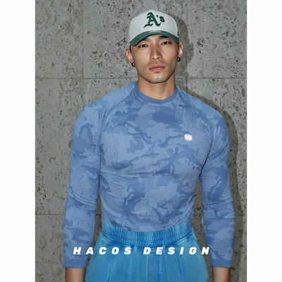 HACOS秋季修身健身服迷彩肌理面料紧身运动T恤打底衫显大无缝提花