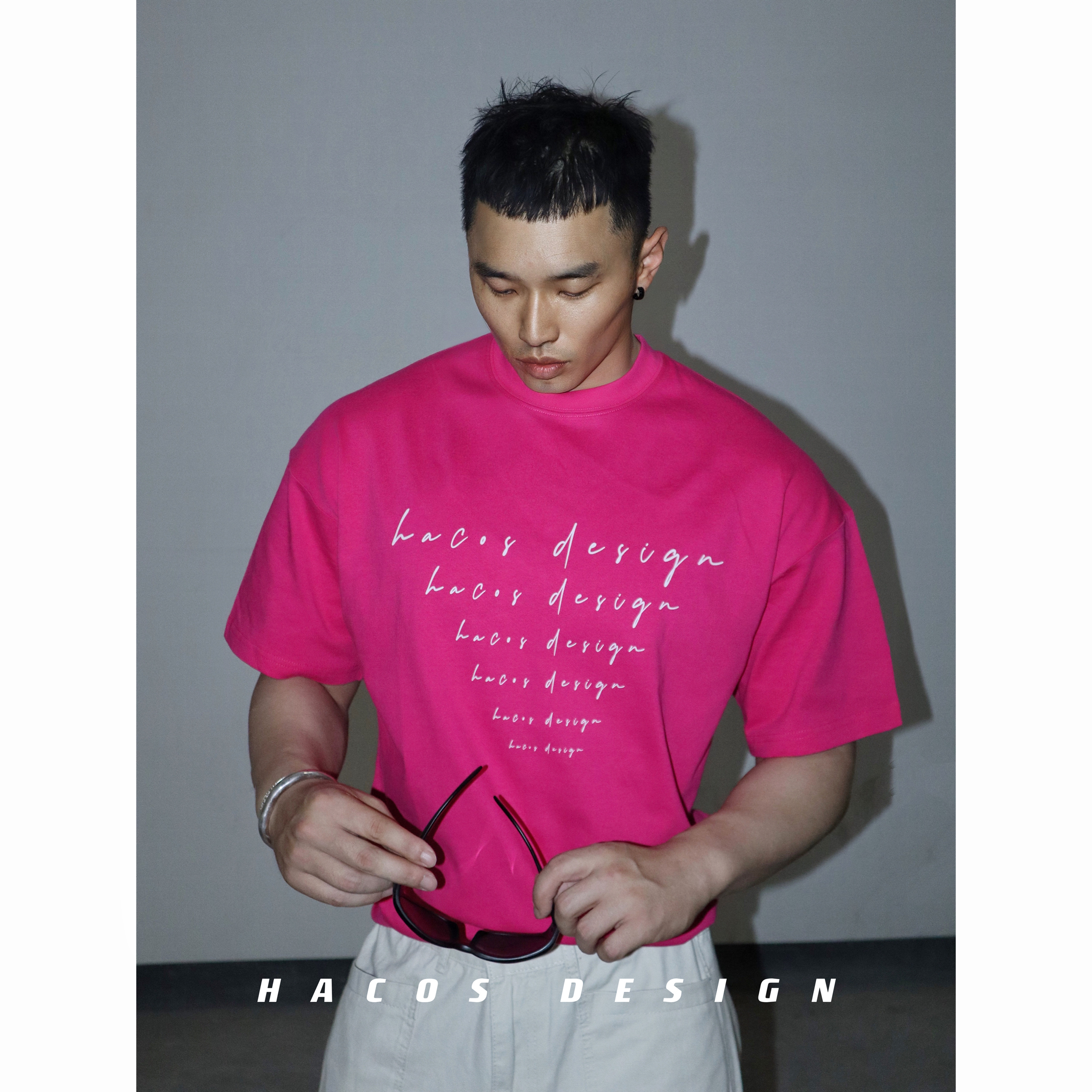 HACOS新款夏季美式简约ins字母印花T恤B家经典色宽松运动t恤圆领