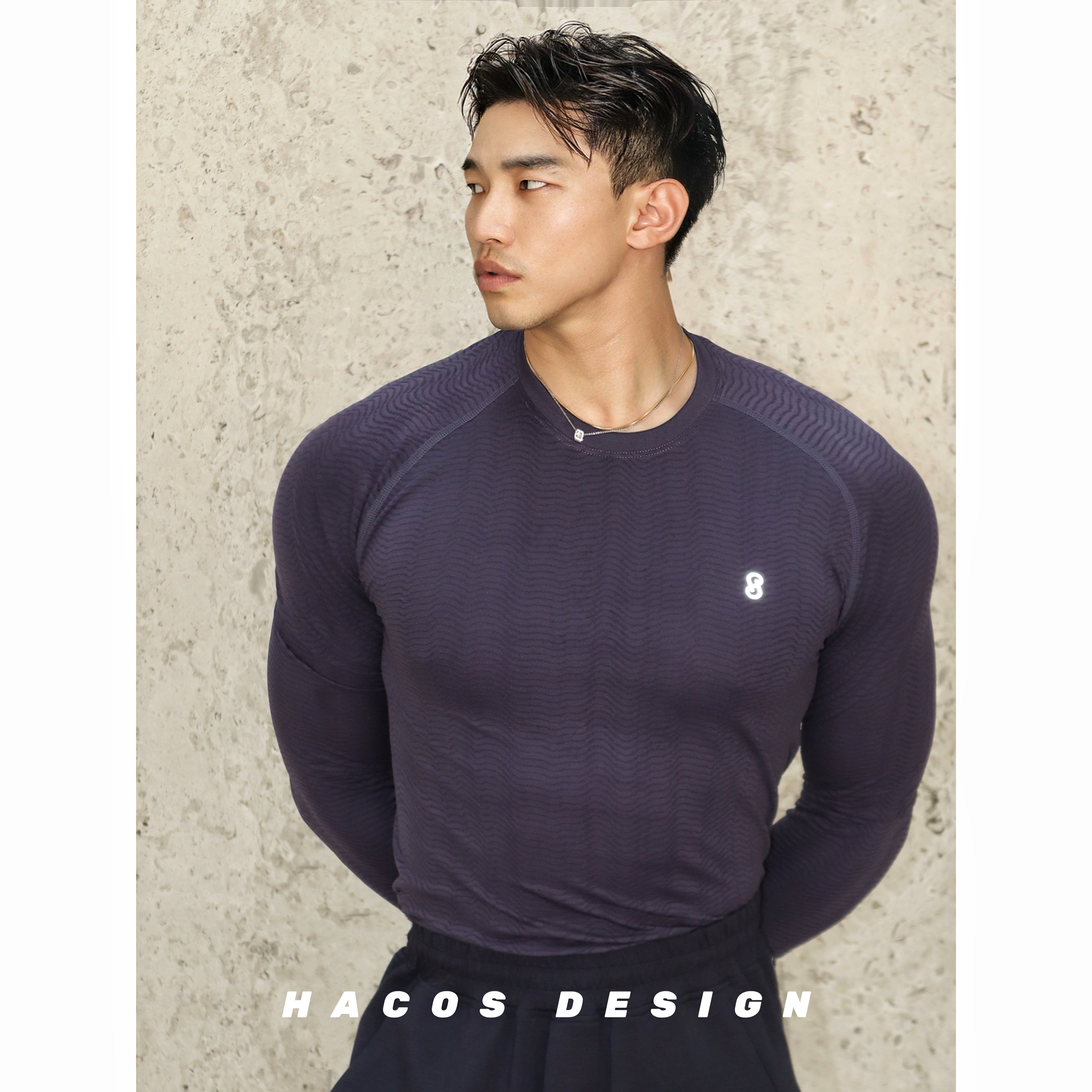 HACOS无缝镂空肌理面料 打底长袖 健身T恤男士修身速干训练上衣