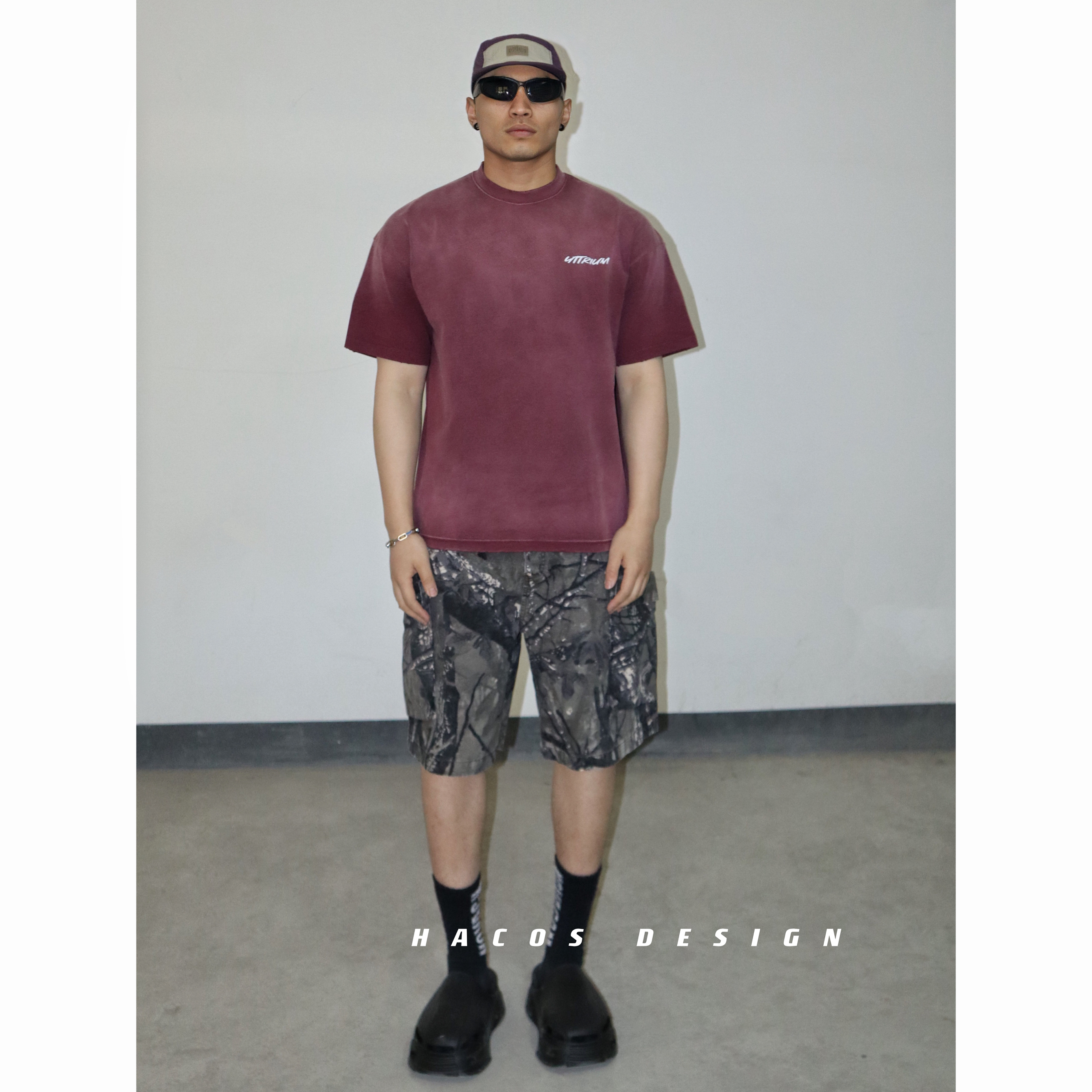 HACOS水洗渐变欧美宽松运动圆领字母印花T恤重磅做旧Kanye风男女